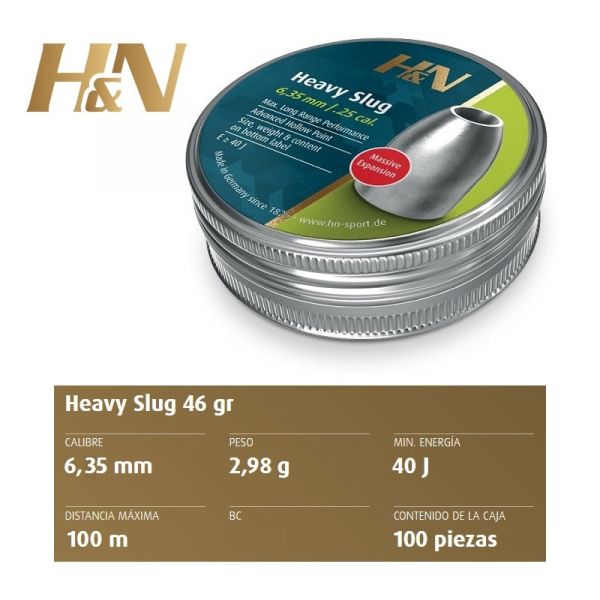 Balines H&N Slug HP HEAVY cal. 6'35 mm /.250" - Lata de 100 balines de 2'59 g.